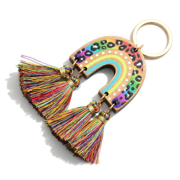 Rainbow leopard wood keychain