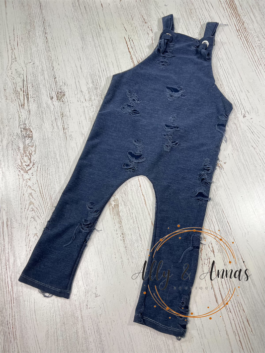 4T distressed denim knotted overalls