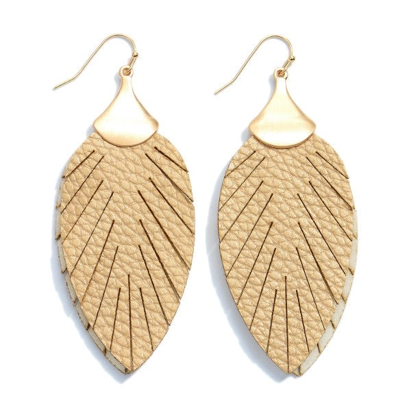 Gold Faux Leather Feather Drop Earrings.
