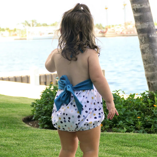Custom tie back halter romper (0/3m to 5/6)